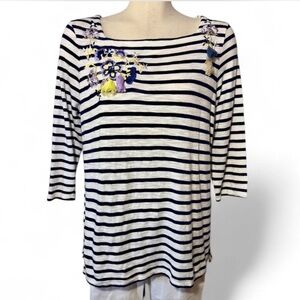 Chicos Striped Embroidered Tassel Top Size 1 (Medium) Navy & White